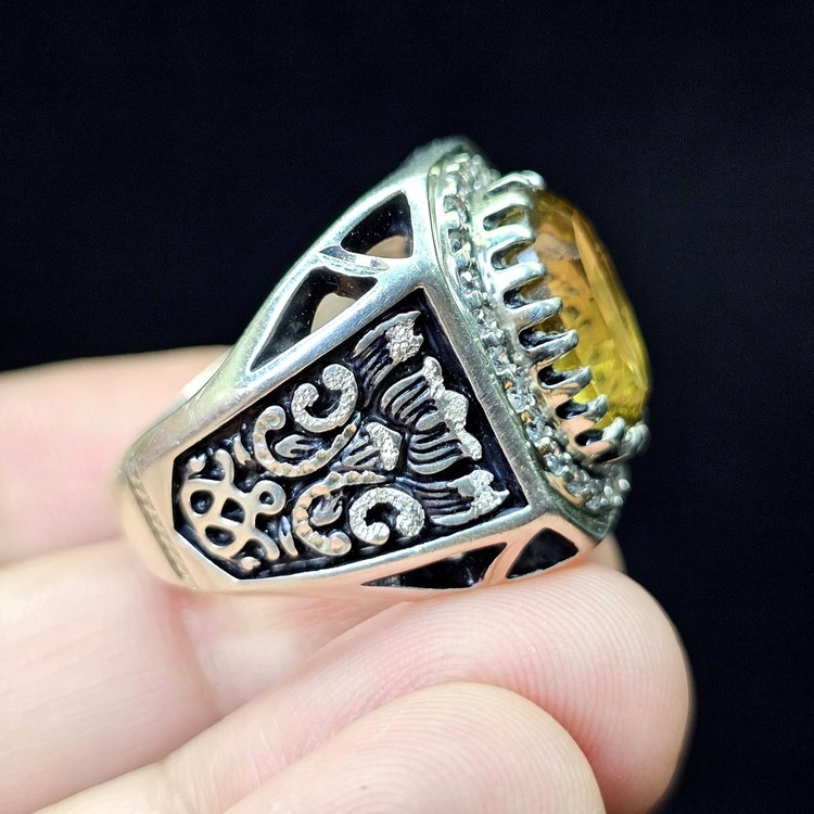 انگشتر نقره دستساز دو مهر با نگین سیترین معدنی