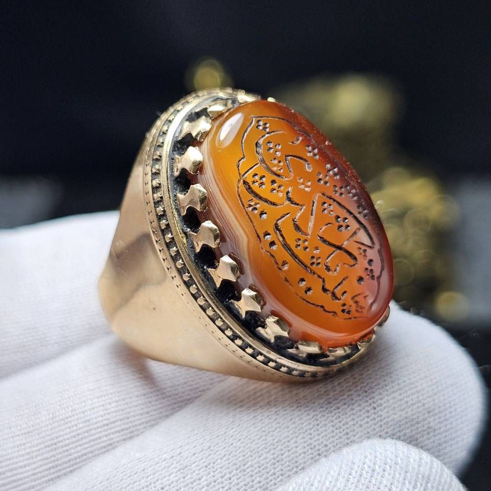 انگشتر طلا روس با سنگ عقیق معدنی خراسانی حکاکی دست کد 35167 