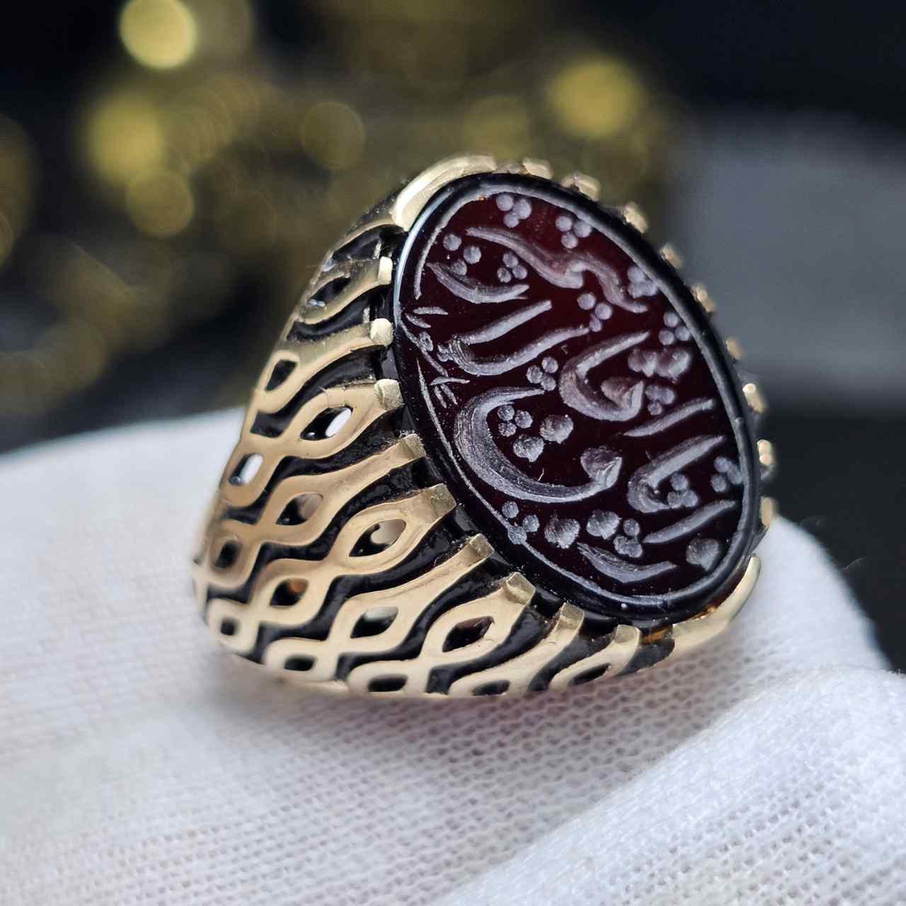 انگشتر طلا  روس با سنگ عقیق جگری معدنی  خط دست کد 36559 