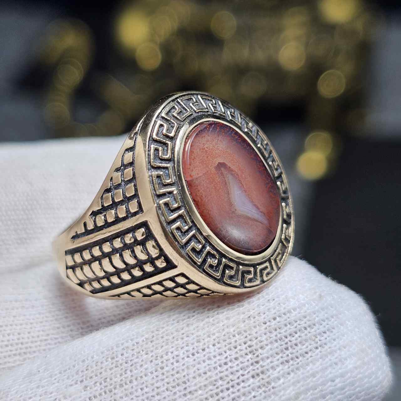 انگشتر طلا  روس با سنگ عقیق خونی طبیعی خراسانی کد 36566 