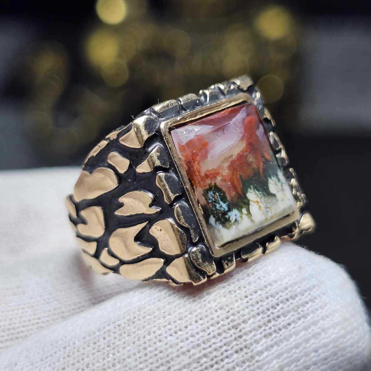 انگشتر طلا  روس با سنگ طبیعی عقیق شجر خراسانی کد 36570 