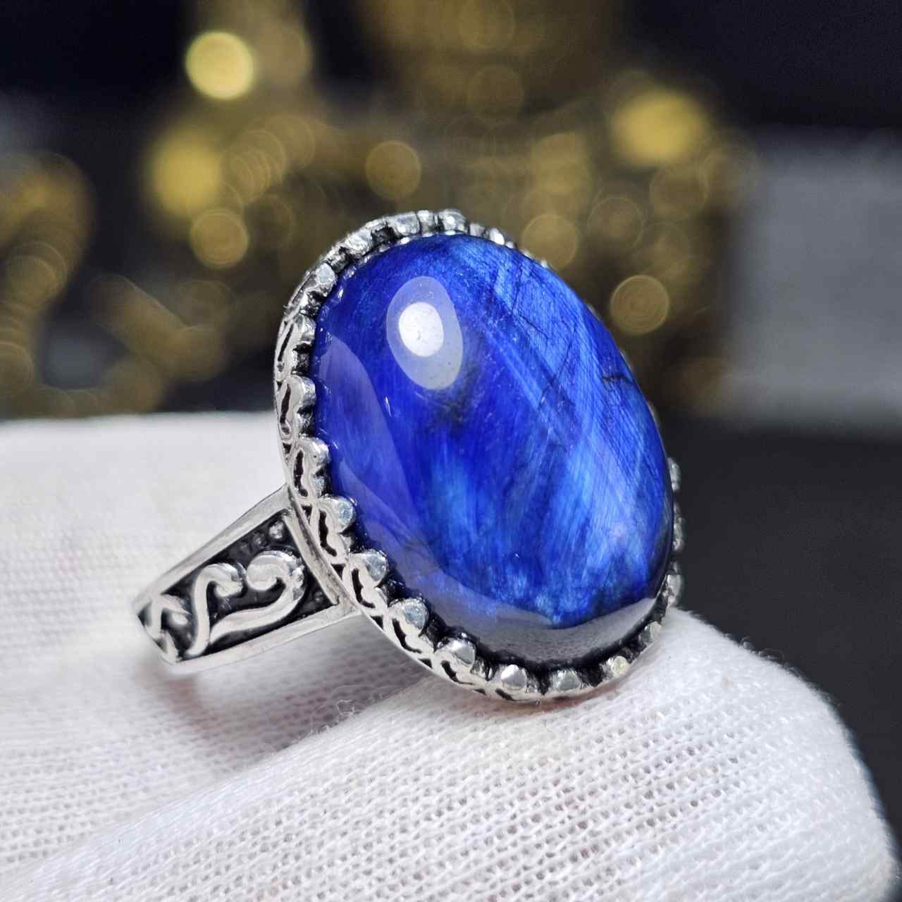 انگشتر نقره  روس با سنگ چشم ببر معدنی کد 36573