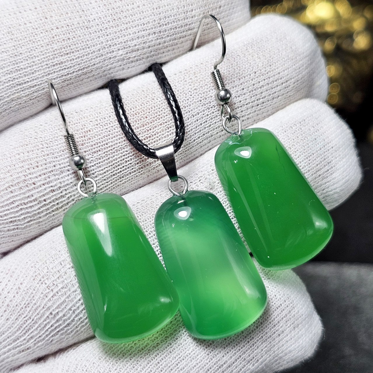 ست آویز و گوشواره سنگ عقیق سبز معدنی کد  36629