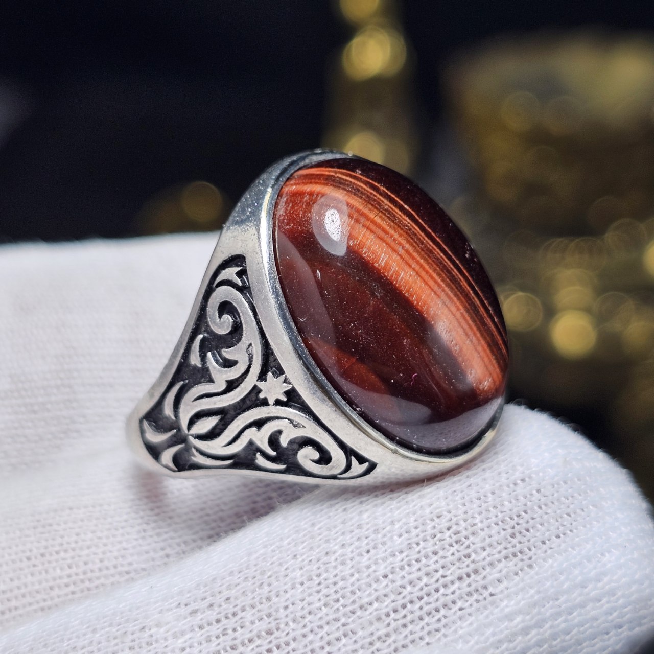 انگشتر نقره روس با سنگ طبیعی چشم شاهین معدنی کد 37032