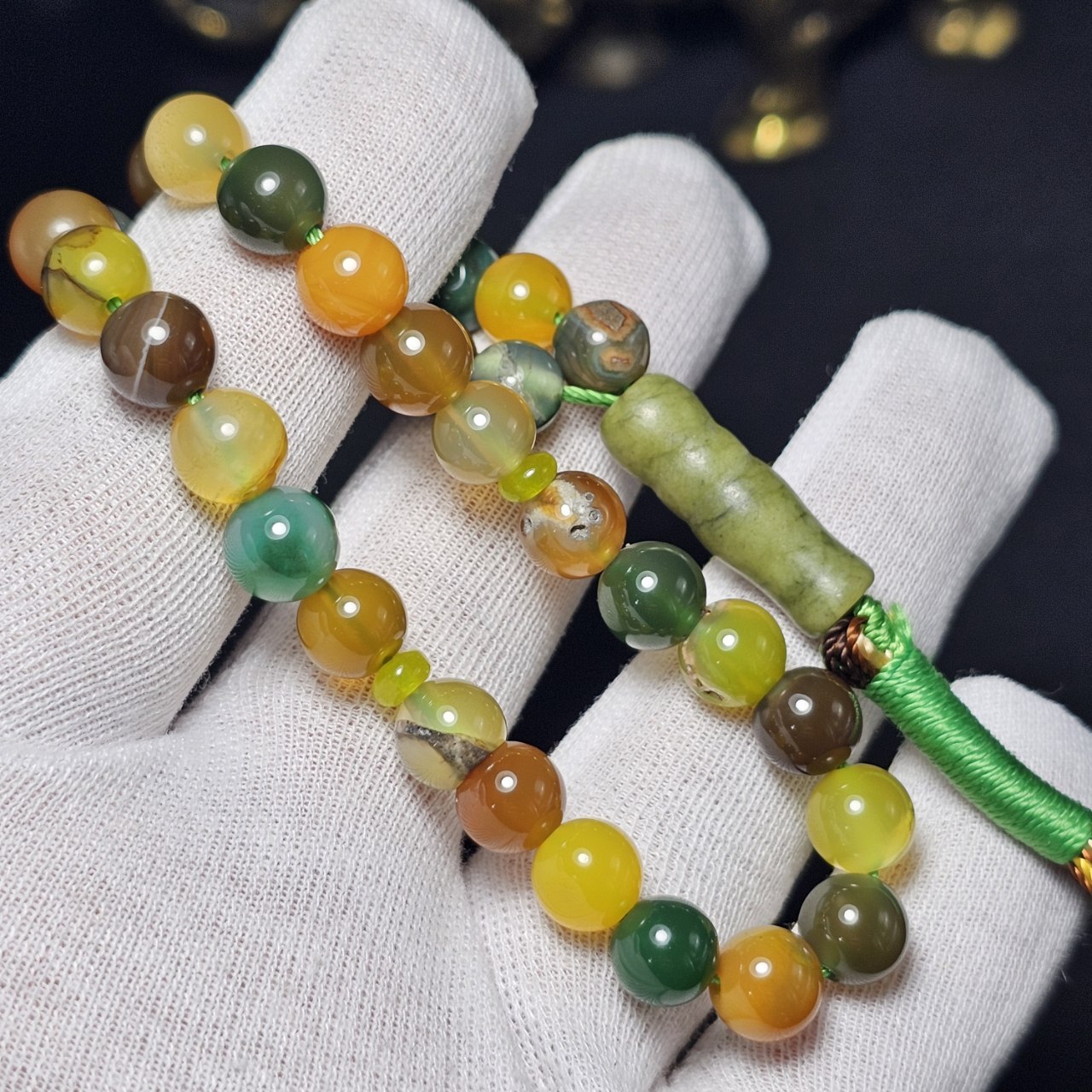 تسبیح ۳۳ دانه سنگ عقیق سبز زرد معدنی کد  37096