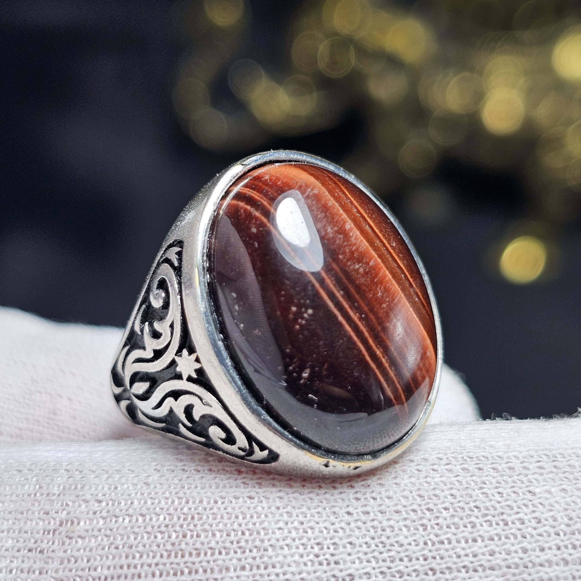 انگشتر نقره  روس با سنگ طبیعی چشم شاهین معدنی کد 37498 