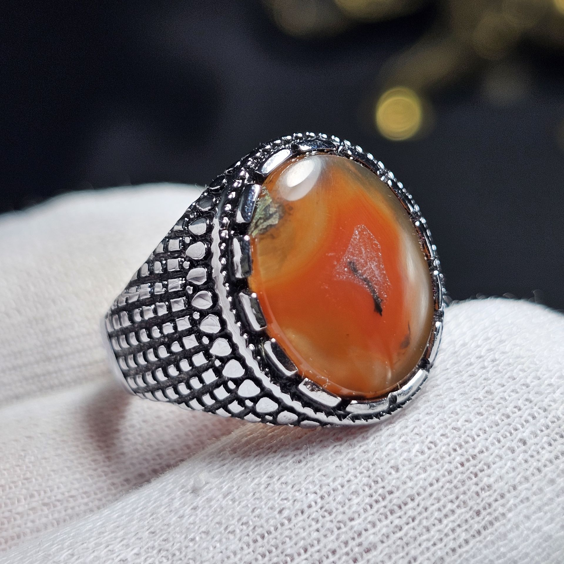 انگشتر نقره  روس با سنگ طبیعی عقیق سرخ نارنجی معدنی خراسان کد 37505 