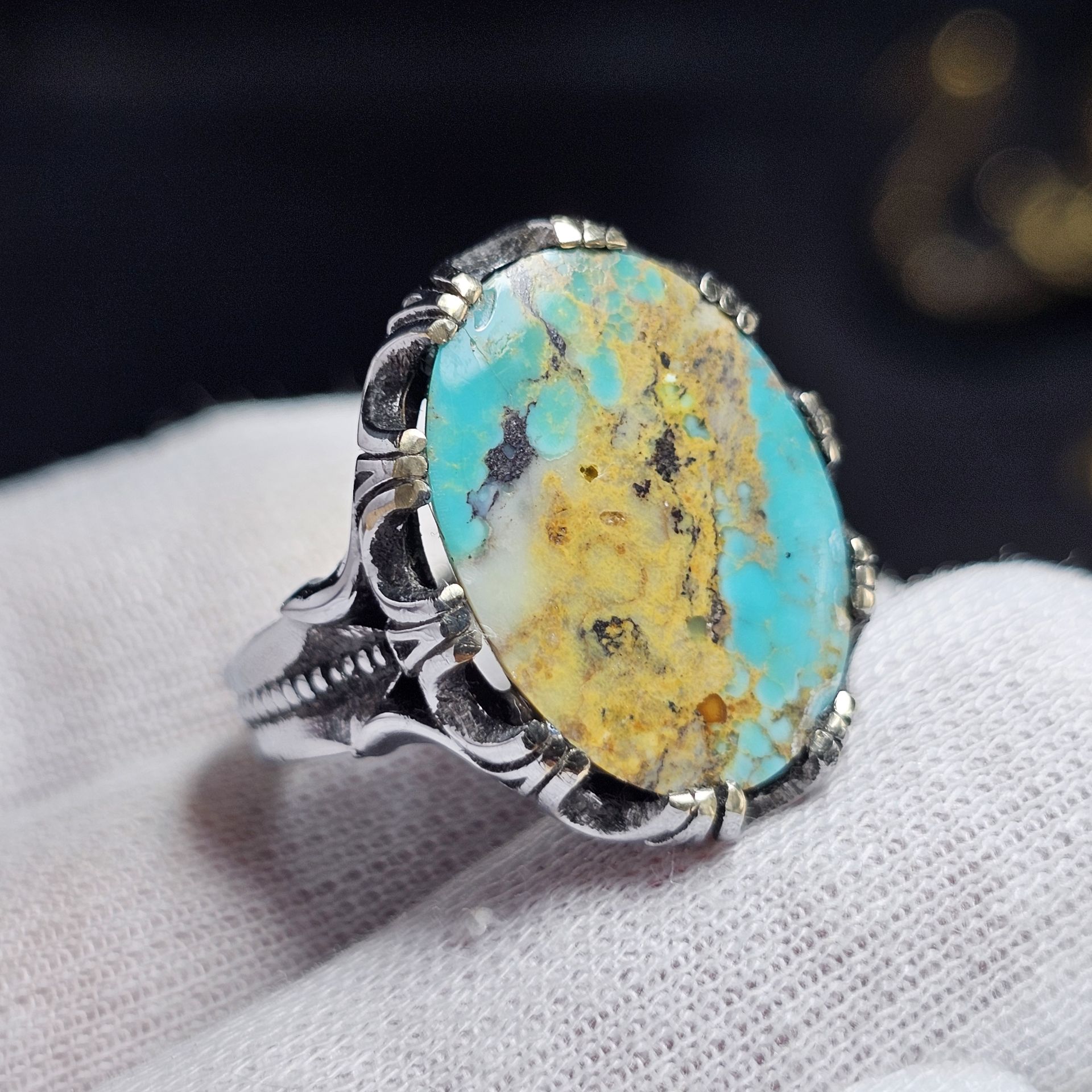 انگشتر نقره  روس با سنگ طبیعی فیروزه معدنی نیشابور کد 37506 