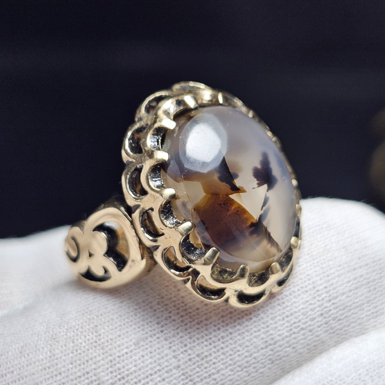 انگشتر طلا روس با سنگ عقیق شجر معدنی قائن کد 37829 