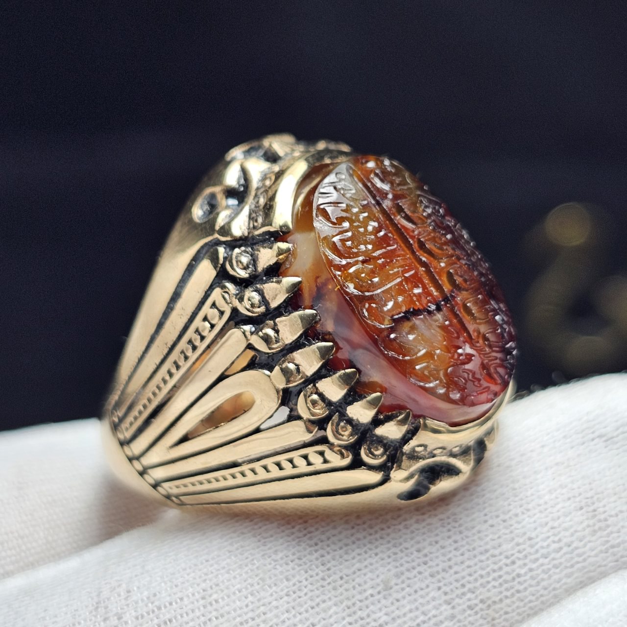 انگشتر طلا روس با سنگ عقیق معدنی خراسان با خط دست کد 37844 