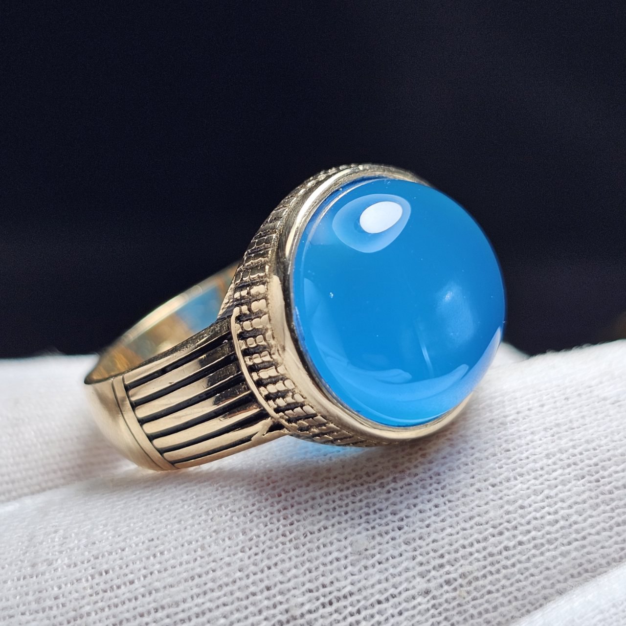 انگشتر طلا روس با سنگ عقیق آبی آبدار معدنی کد 37854 