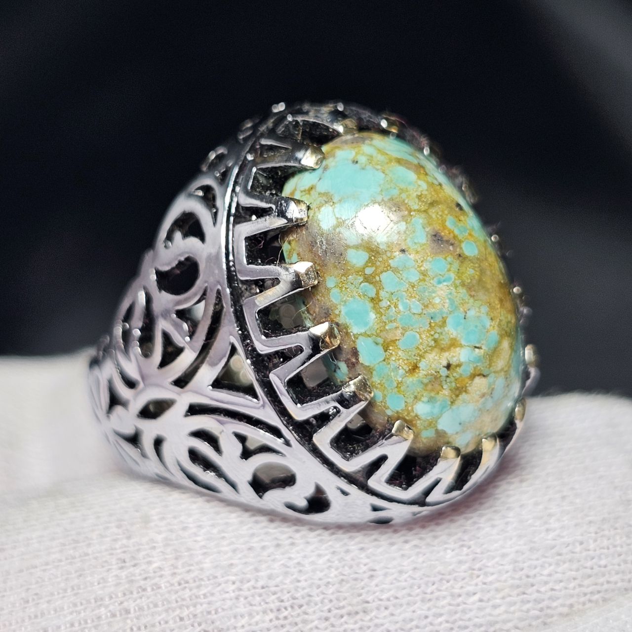 انگشتر روکش‌ نقره ای سنگ طبیعی فیروزه معدنی نیشابور  کد  38579